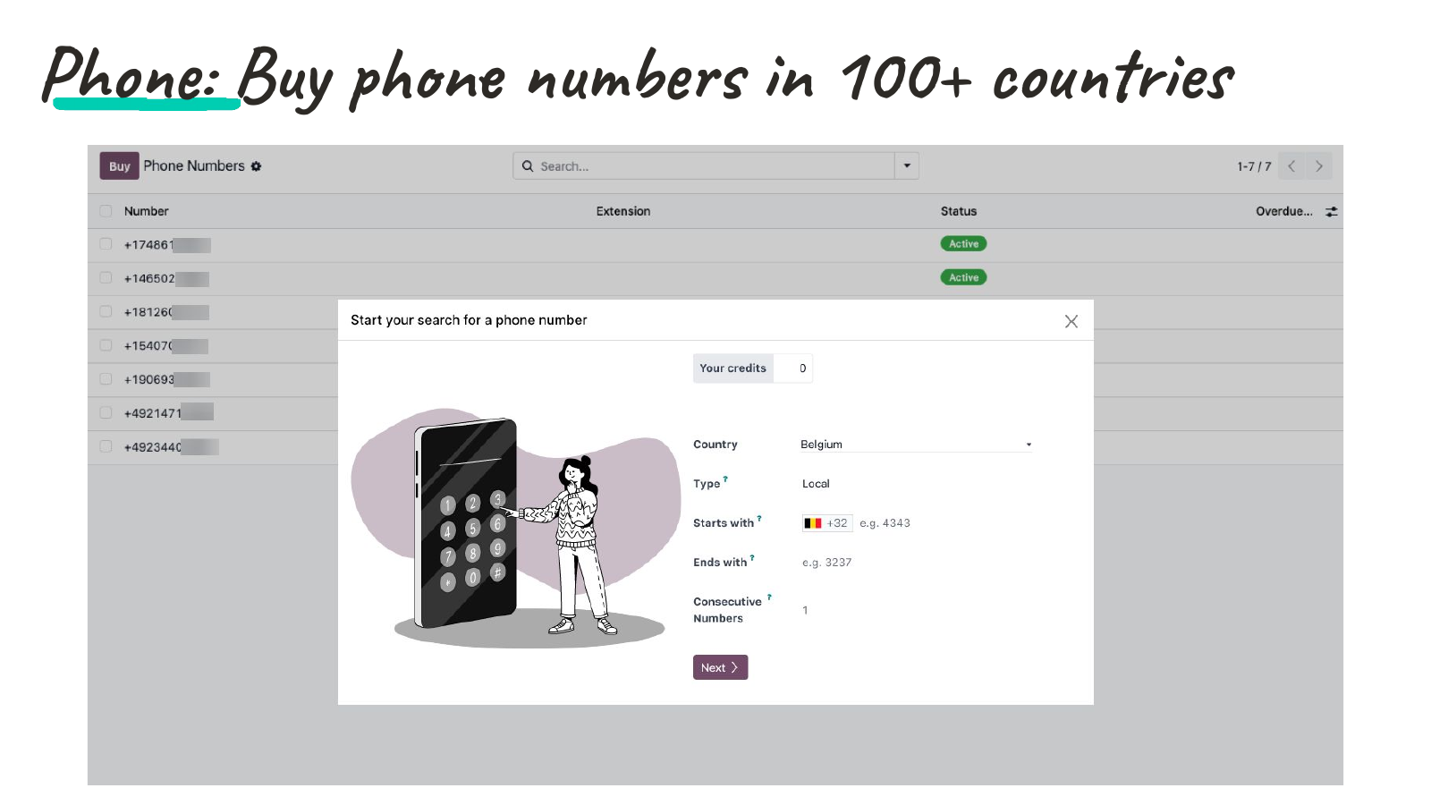 Odoo Phone kupnja telefonskih brojeva u 100+ zemalja